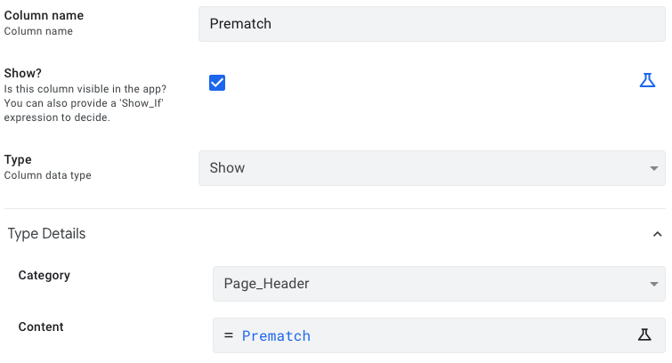 A screenshot of the editing window for the Prematch column, showing where to edit the Content field.