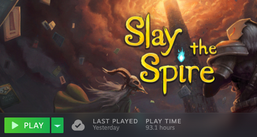 A screenshot of play time for Slay the Spire on Steam, showing 93.1 hours.