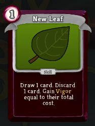 A screenshot of a card that costs 1 energy and reads "Draw 1 card. Discard 1 card. Gain Vigor equal to their total cost."